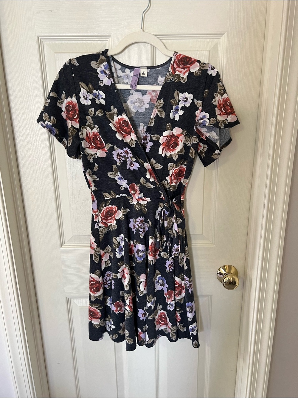Francesca's Collections Black Wrap Dress with Red & Lavender Floral Print